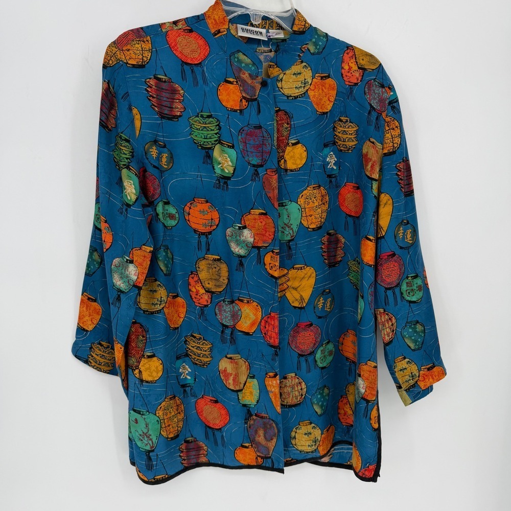 Chicos Design Vintage 100% Silk Chinese Lantern Print Blouse Blue Size 1